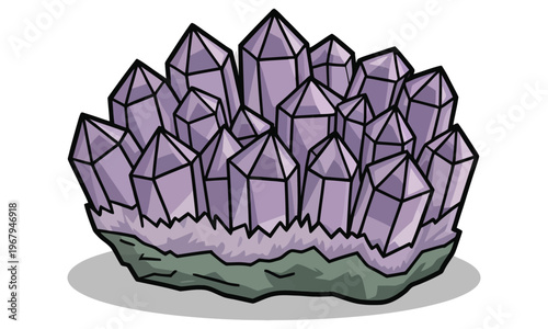 Cartoon illustration of a cluster of purple crystals on a green rock base