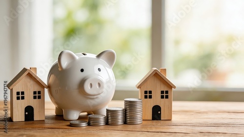 White ceramic piggy bank with wooden houses and coin stacks on table symbolizing home savings mortgage investment property finance real estate wealth family budget financial