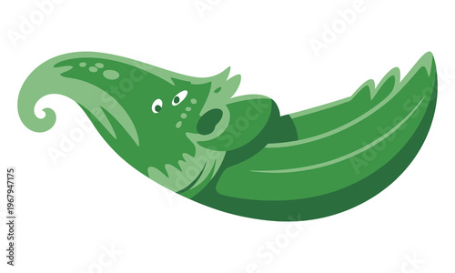 A cartoon green pea pod with a face on an isolated white background looking surprised