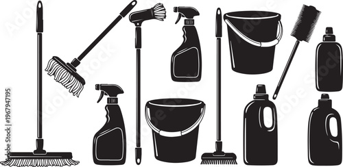 Cleaning supplies and tools in black silhouette on white background
