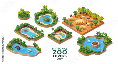 Isometric illustration of various zoo environments celebrating National Zoo Lovers Day with diverse animal habitats and enclosures.