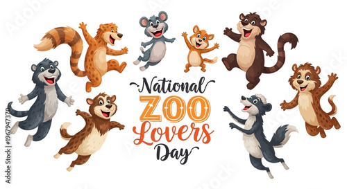 A colorful illustration of various zoo animals celebrating National Zoo Lovers Day on a white background with vibrant, playful designs.