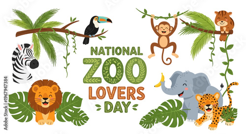 Illustration of various exotic zoo animals celebrating National Zoo Lovers Day with a jungle theme and tropical leaves on a white background.