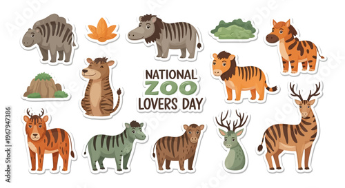 Vector illustration of various zoo animals celebrating National Zoo Lovers Day with colorful stickers on a white background.