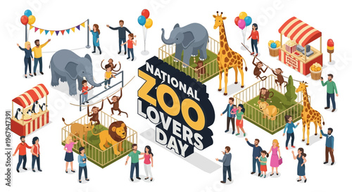 Illustration of people enjoying a lively zoo scene with various animals on National Zoo Lovers Day with colorful flat design elements.