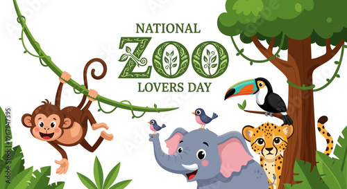 Vector illustration of various exotic zoo animals celebrating National Zoo Lovers Day with a jungle background