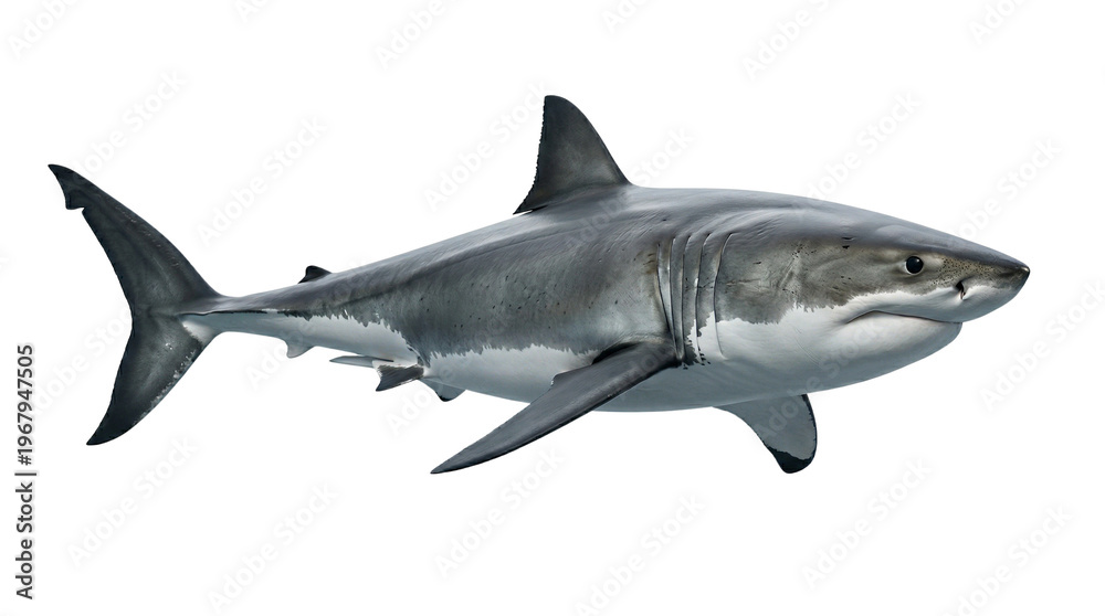 Fototapeta premium Great white shark swimming, side view, powerful marine predator, isolated on white