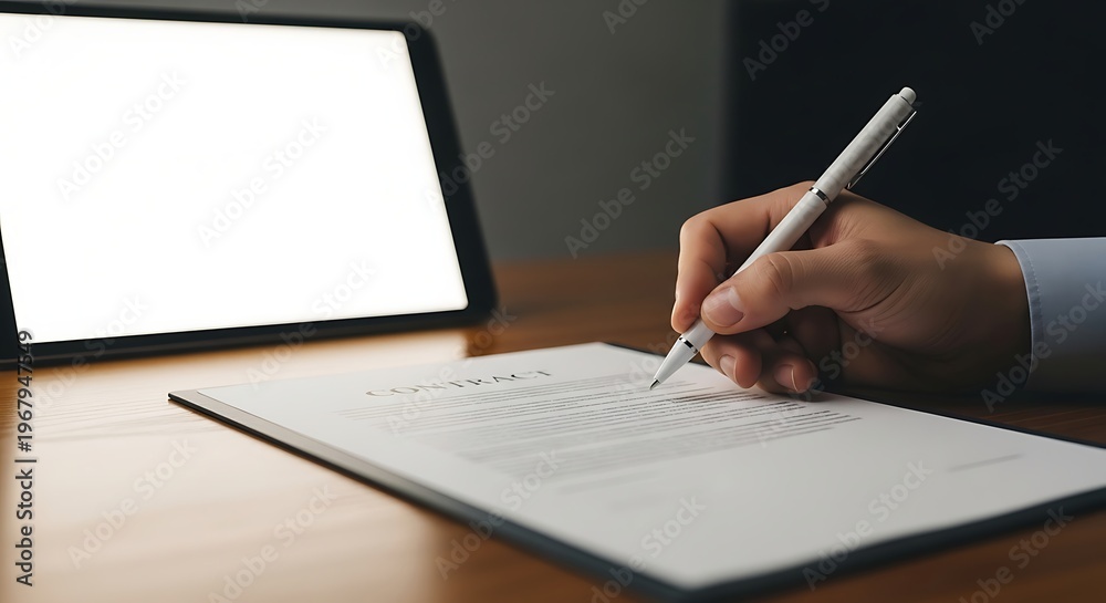 Fototapeta premium Signing Agreement Document with Digital Tablet