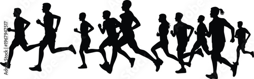 Silhouette group of running athletes, men and women jogging together, marathon fitness training, active lifestyle sport illustration isolated on white background