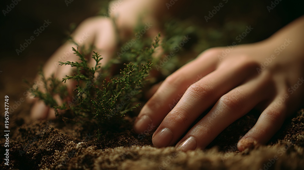Fototapeta premium Hands resting lightly on soil near a growing plant, minimal natural environment with smooth background blur, soft ambient lighting enhancing calmness, close-up shot with an 85mm lens, organic aestheti