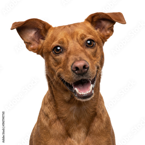 Happy brown mixed breed dog looking at camera with open mouth, smiling expression, isolated on white