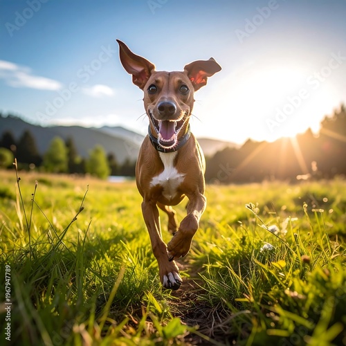 A happy, brown dog joyfully runs directly toward the camera across a sunny, green meadow. The sun is at its back, with mountains in the distance