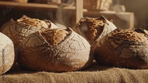 Beautifully Crafted Rustic Sourdough Bread Loaves with Distinct Ears Lying on a Burlap Cloth