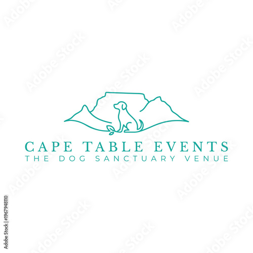 A minimalist line-art logo featuring a sitting dog with an integrated paw print against the recognisable silhouette of Table Mountain signifies an animal sanctuary.
