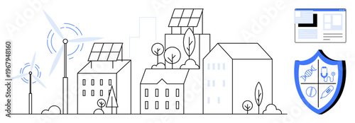 Renewable energy, green technology, urban sustainability, eco-friendly living, city planning, healthcare innovation. Cityscape with solar panels, wind turbines shield and tech interface. Renewable