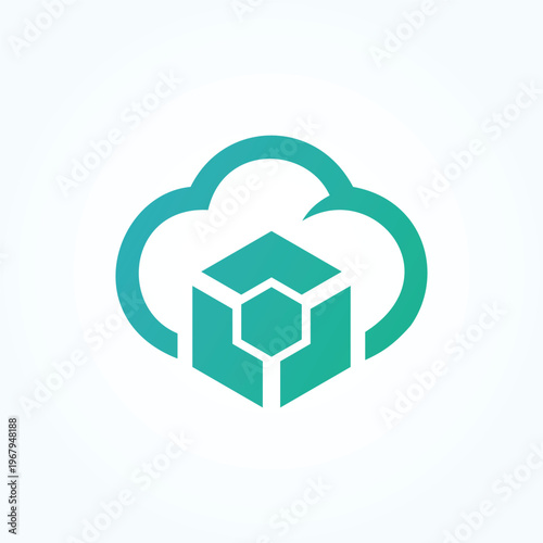 Abstract block chain logo with cloud design template. Hexagonal cube box digital technology vector symbol
