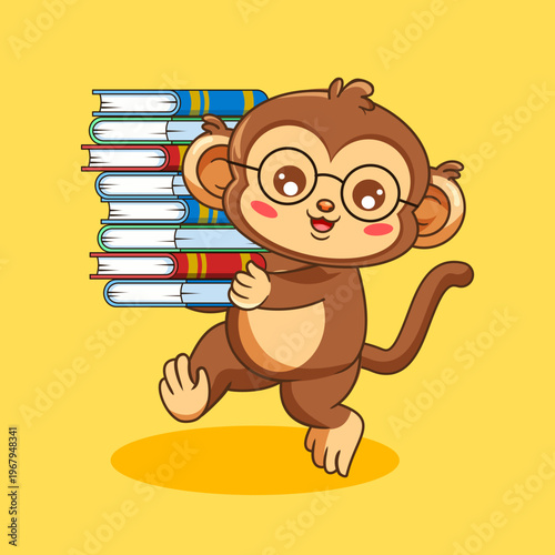 Cute Cartoon Monkey with Glasses Carrying Books Vector Illustration Kawaii Animal