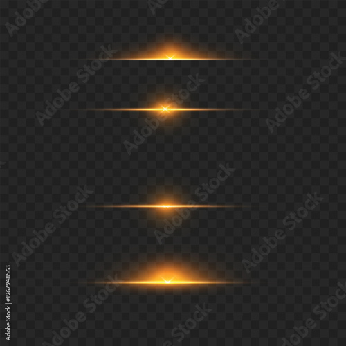 Realistic Golden Light Streak Set. Vector Horizontal Glowing Lines and Lens Flares on Transparent Background.