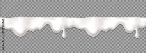 Seamless cream or milk drip border. White ice cream melting texture. Realistic vector liquid yogurt drop