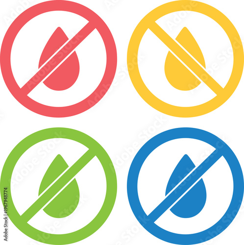 No Water Drop Sign, a set of four colorful vector icons indicating prohibition of liquids. Ideal for warning labels, packaging, and safety instructions.