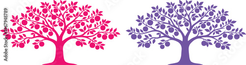 Stylized fruit tree vector illustration set, vibrant pink and purple apple trees, nature-inspired graphic design elements, decorative plant silhouettes for branding and web design