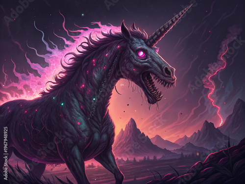 Dark fantasy unicorn creature in neon colors in surreal landscape