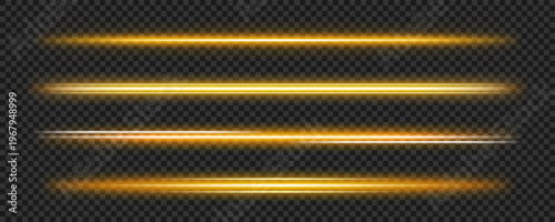 Golden light beam set. Vector gold dividers, laser effect with transparency. Christmas lights, horizontal bar with shining