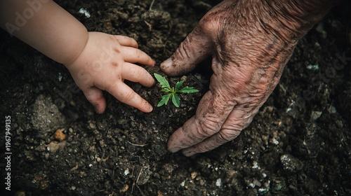 Intergenerational hands aligning to nurture a small plant in soil, clean natural environment with subtle depth, balanced natural light creating harmony, overhead shot with a 50mm lens, storytelling co