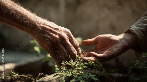 Older hands demonstrating planting while younger hands follow the motion, simple garden backdrop with calm atmosphere, soft directional light highlighting interaction, side-angle shot with a 70mm lens