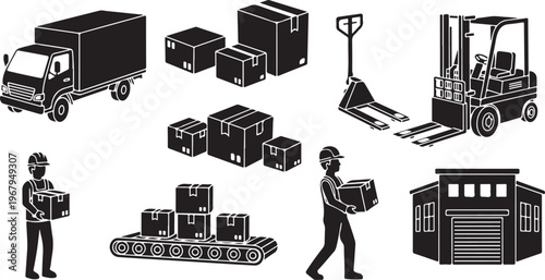 Warehouse Workers Loading Boxes into Trucks and Storage Facilities Efficiently