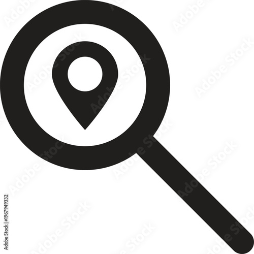 Location search icon, magnifying glass with map pin symbol, local find and navigation vector