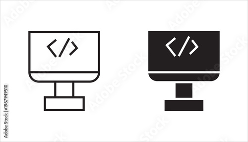 Computer monitor with coding symbol line icon. Outline representation of programming, software development, web development, and coding interface.