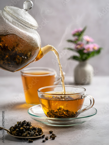 Cup of  Chinese oolong tea and teapot