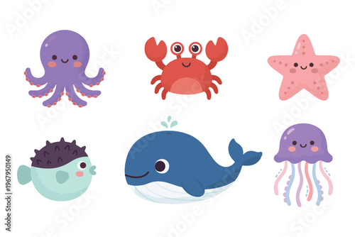 Photography Cute sea creatures set ocean animals collection flat vector underwater marine li