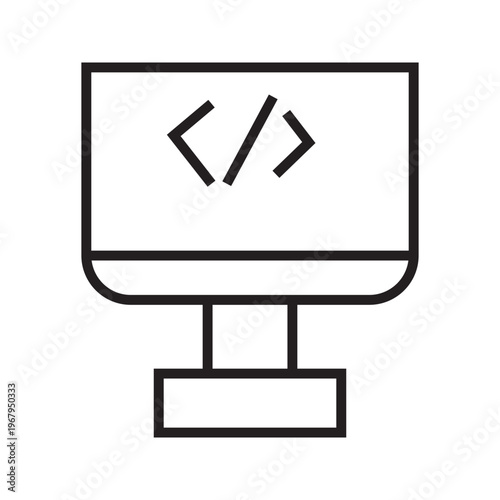 Computer monitor with coding symbol line icon. Outline representation of programming, software development, web development, and coding interface.
