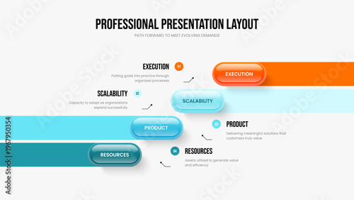 Professional Report 4 Step Diagram Slideshow Layout. Advertising Solution Presentation Design Vector Illustration. Product Campaign Four Element Infographic Slide Template.