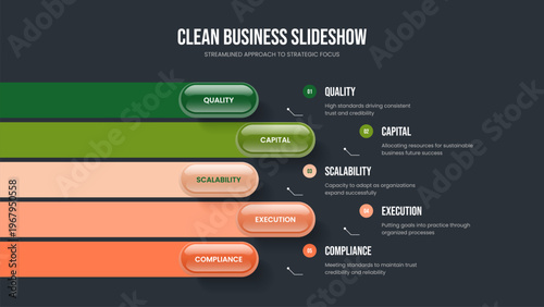 Creative Growth Frame Layout Vector Illustration. Project Report Five Step Infographic Slide Template. Financial Portfolio 5 Element Diagram Presentation Design.