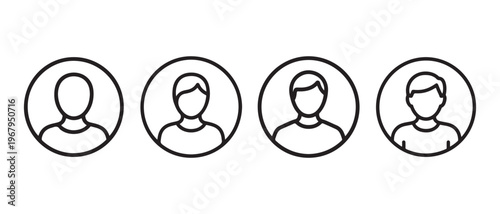 Set of four simple user profile icons, representing people with generic silhouettes in white circles on a clean white background.