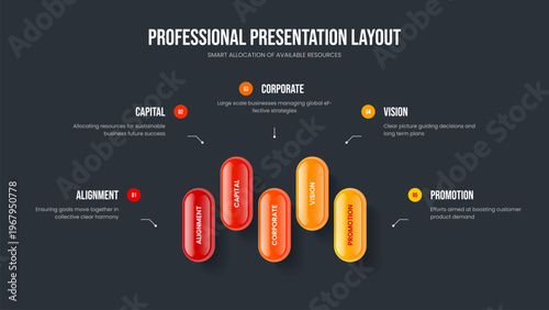 Enterprise Portfolio 5 Element Diagram Presentation Design. Modern Analysis Slide Template Vector Illustration. Consulting Introduction Five Step Infographic Slideshow Layout.
