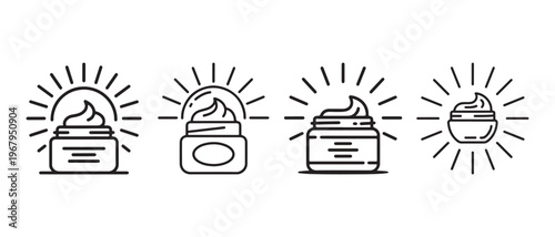Set of cosmetic cream jars with radiating sun icons, representing skincare and beauty products.