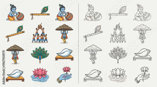 Collection of Krishna-themed illustrations featuring the deity playing the flute, holding a conch, and other religious symbols, presented in both colored and line-art versions.