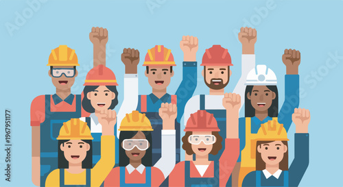 Diverse group of construction workers raising their fists in solidarity and unity.