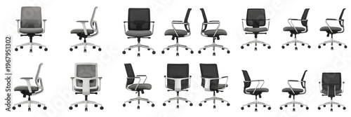 Set and collection of modern ergonomic office mesh chairs with adjustable armrests and swivel base in various angles isolated on white transparent png background