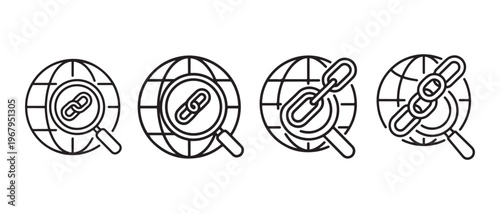 Global Backlink SEO Search Icons Set. Minimalist Line Art Magnifying Glass and Chain Links on Globes.