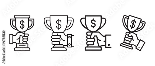 Hands Holding Dollar Sign Trophies Outline Icon Set. for Financial Success and Business Achievement on White Background