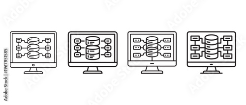 Database Network Structure Line Art on Computer Monitors Displaying Data Connections and Management in a Digital Environment.