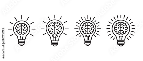 Creative Idea Concept. Four Outline Light Bulbs with Brains Inside Illustrating Innovation and Intelligence on White Background.