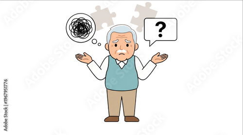 Dementia Confused Senior Man Vector Illustration with Tangled Thought and Question Mark Symbolizing Alzheimer Cognitive Disorder Memory Loss and Mental Confusion Awareness
