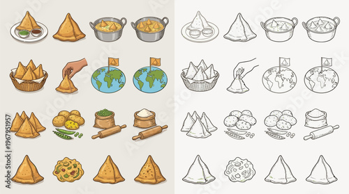 A collection of colorful and black and white illustrations of various Indian snacks and ingredients, including samosas, pakoras, and dough.