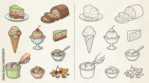 Collection of colorful and monochrome illustrations of various ice cream desserts, including cones, sundaes, cakes, and scoops, alongside ingredients like pistachios and cherries.